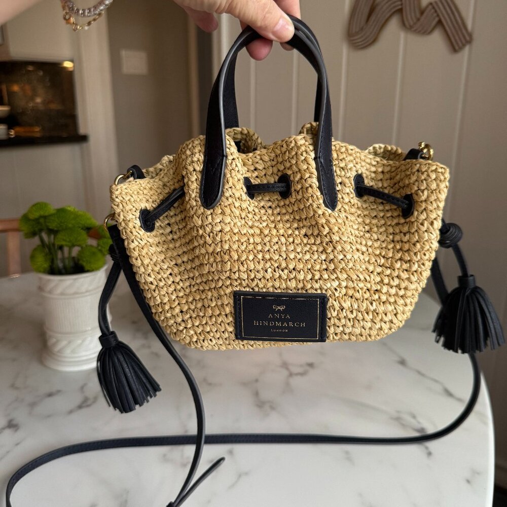 ANYA HINDMARCH Small leather-trimmed raffia tote (NEW)